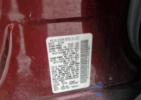 2009 Nissan Murano S z USA, uszkodzony, nr VIN JN8AZ18W39W204332